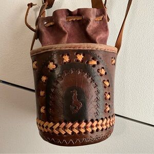 Vintage Handcrafted Leather Drawstring Bucket Bag Boho Tooled & Braided Detail